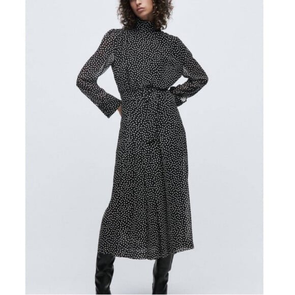 NWT ZARA High Collar Polka Dot Chiffon Long Sleeve Midi Dress Black\White XL